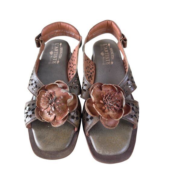 Spring Step L'Artiste Floral Low Boho Wedge Sandals Size 36 Leather Multicolor - Picture 2 of 10